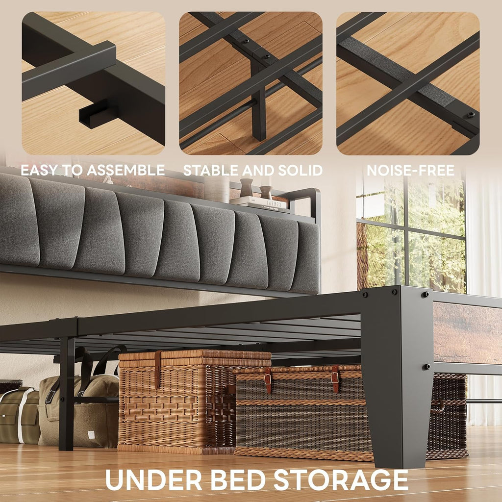 LIKIMIO King Size Bed Frame, Storage Headboard with Charging Station, Solid and Stable, Noise Free, No Box Spring Needed, Easy Assembly