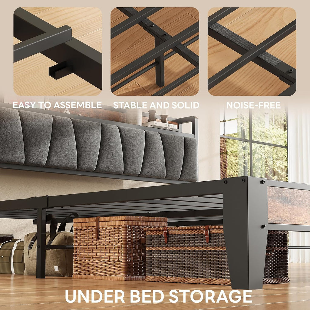 LIKIMIO Queen Bed Frame, Storage Headboard with Charging Station, Solid and Stable, Noise Free, No Box Spring Needed, Easy Assembly