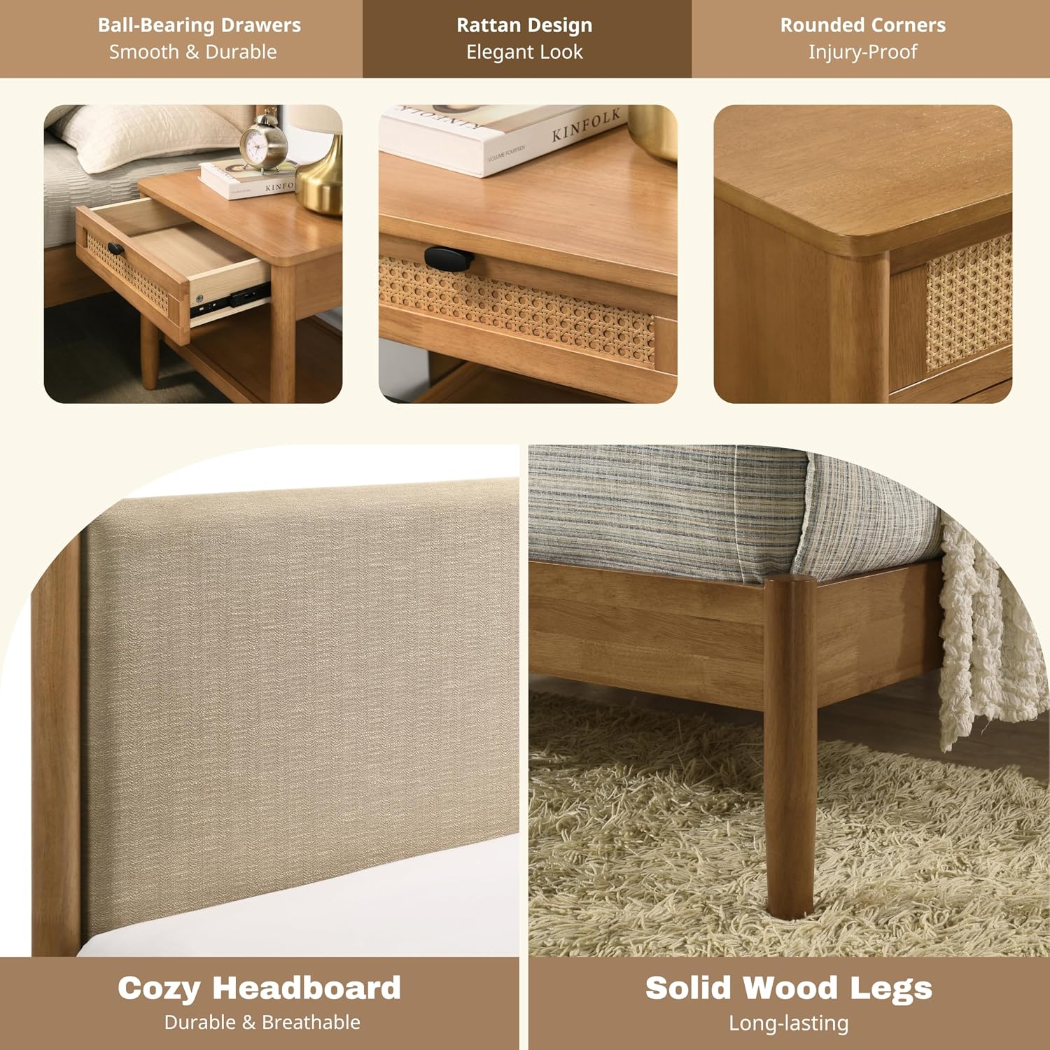 Roundhill Furniture Vichy 6-Piece Rubberwood Bedroom Set with Textured Polyester Upholstered King Bed, Dresser, Mirror, 2 Nightstands, and Chest