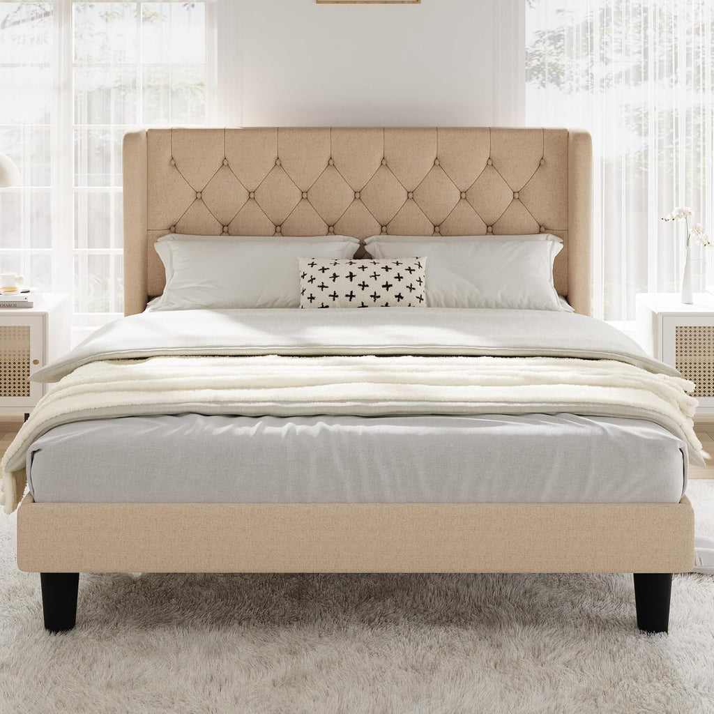 Allewie Queen Size Bed Frame with Button Tufted Wingback Headboard, Modern Upholstered Bed Frame with Solid Wooden Slats Support - No Box Spring Needed, Easy Assembly, Beige