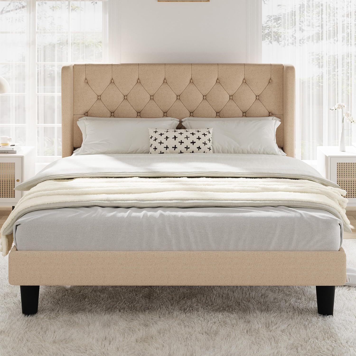 Allewie Queen Size Bed Frame with Button Tufted Wingback Headboard, Modern Upholstered Bed Frame with Solid Wooden Slats Support - No Box Spring Needed, Easy Assembly, Beige