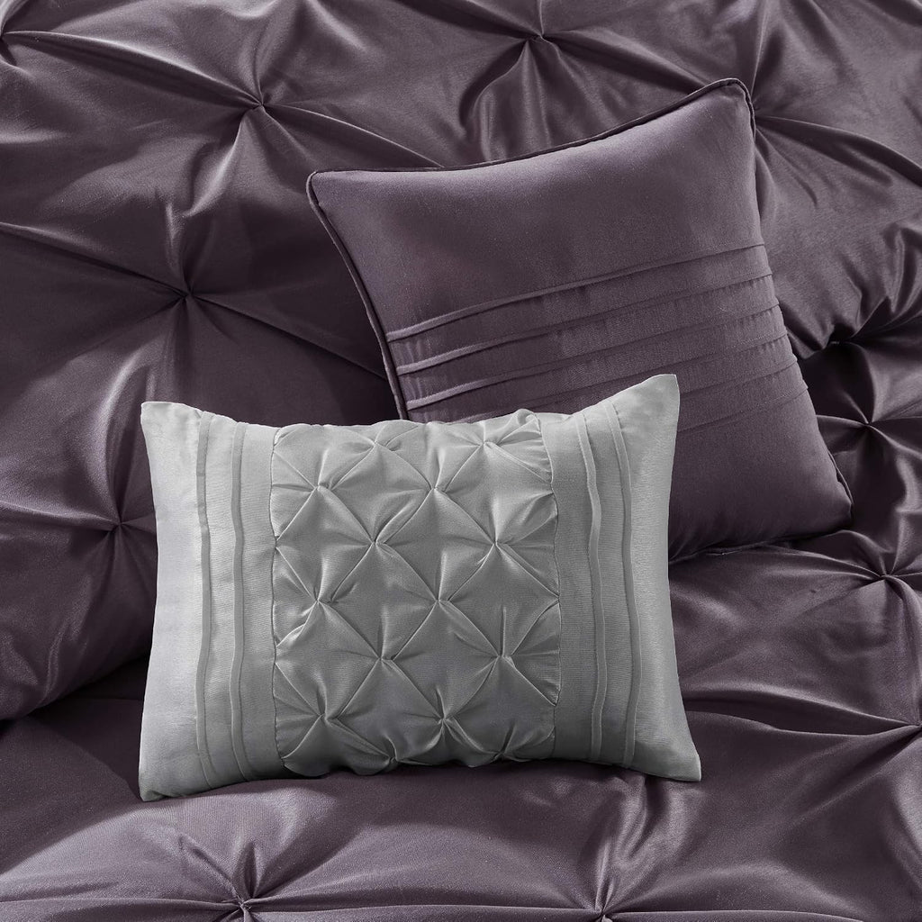 Madison Park Essentials Queen Comforter Set, 24 Piece Bedding With Matching Curtains, Decorative Pillows, Luxe Diamond Tufting , Room in a Bag Joella Collection, Plum Queen