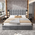 Christopher Knight Home Svens 46' High Headboard Bed, King Size Platform Bed Frame, Soft Velvet Upholstered California King Bed Frame, Square Pattern Design with Reading Lamps and USB Ports, Grey