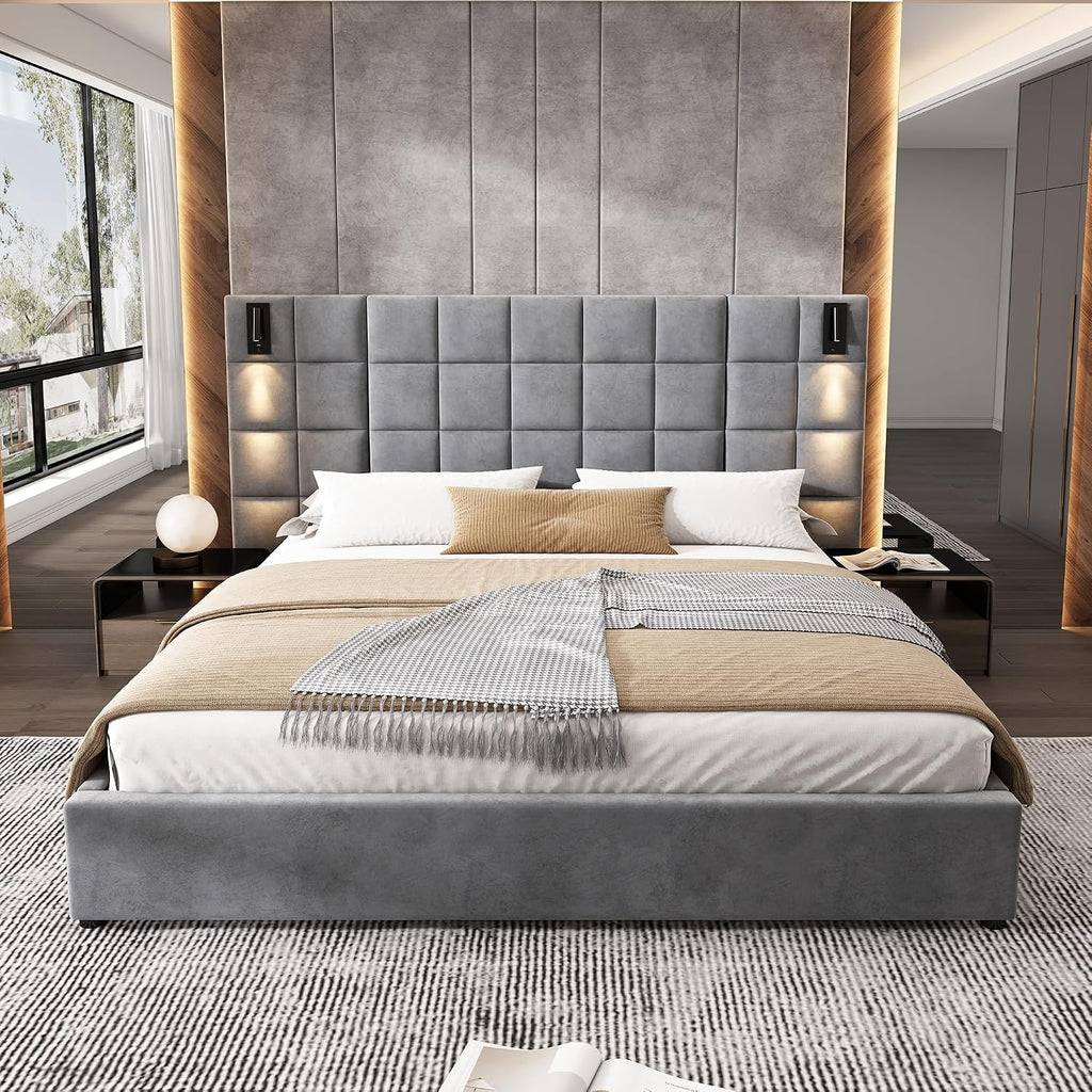 Merax California King Size Upholstered Velvet Bed Frame, with Wall Sconce and USB Port, Wide Headboard for Bedroom, (Without Bedside Tables & Mattress), Gray