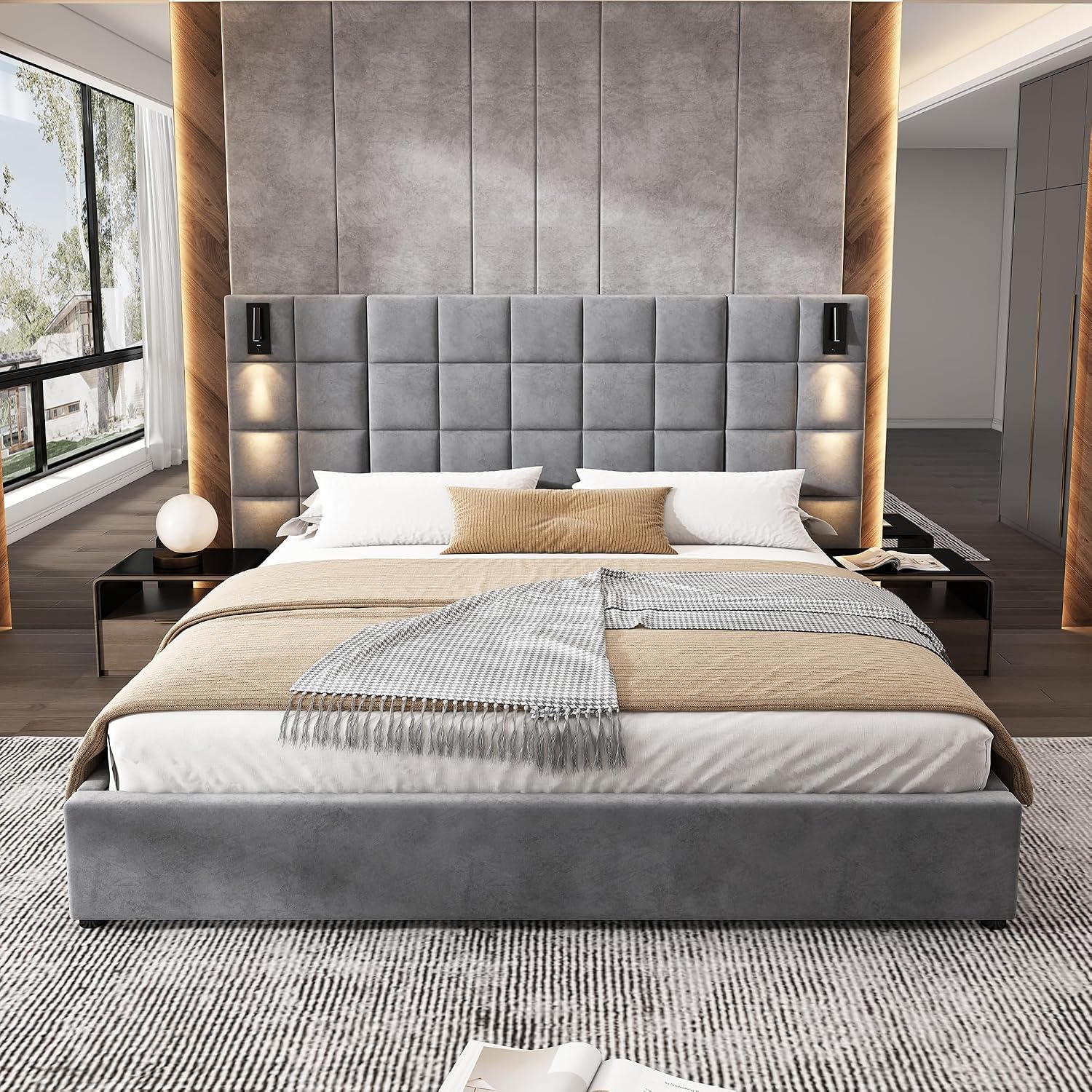 Merax California King Size Upholstered Velvet Bed Frame, with Wall Sconce and USB Port, Wide Headboard for Bedroom, (Without Bedside Tables & Mattress), Gray