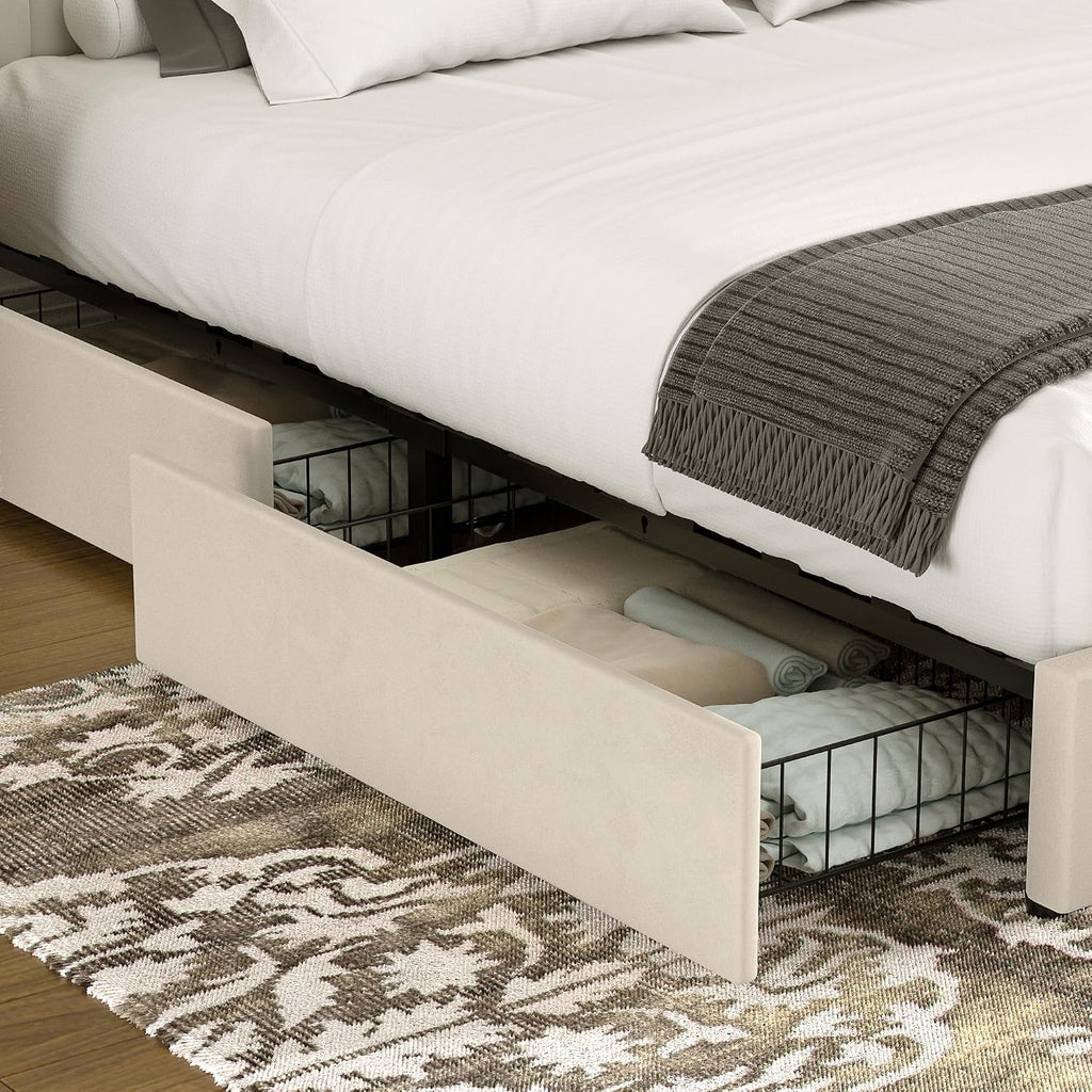 VECELO King Size Upholstered Bed Frame with 4 Drawers and Headboard, Velvet Platform Storage Bedframe, Wooden Slats Support, No Box Spring Needed,Bone Beige