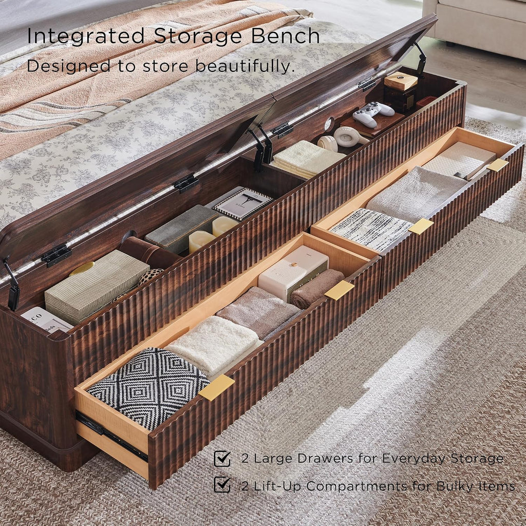 T4TREAM Fluted King Size Bed Frame with Wingback Headboard, Footboard Storage Bench with Built-in Drawers & Lift-Up Compartments, Wood & Steel Platform Bed, No Box Spring Needed, Dark Walnut