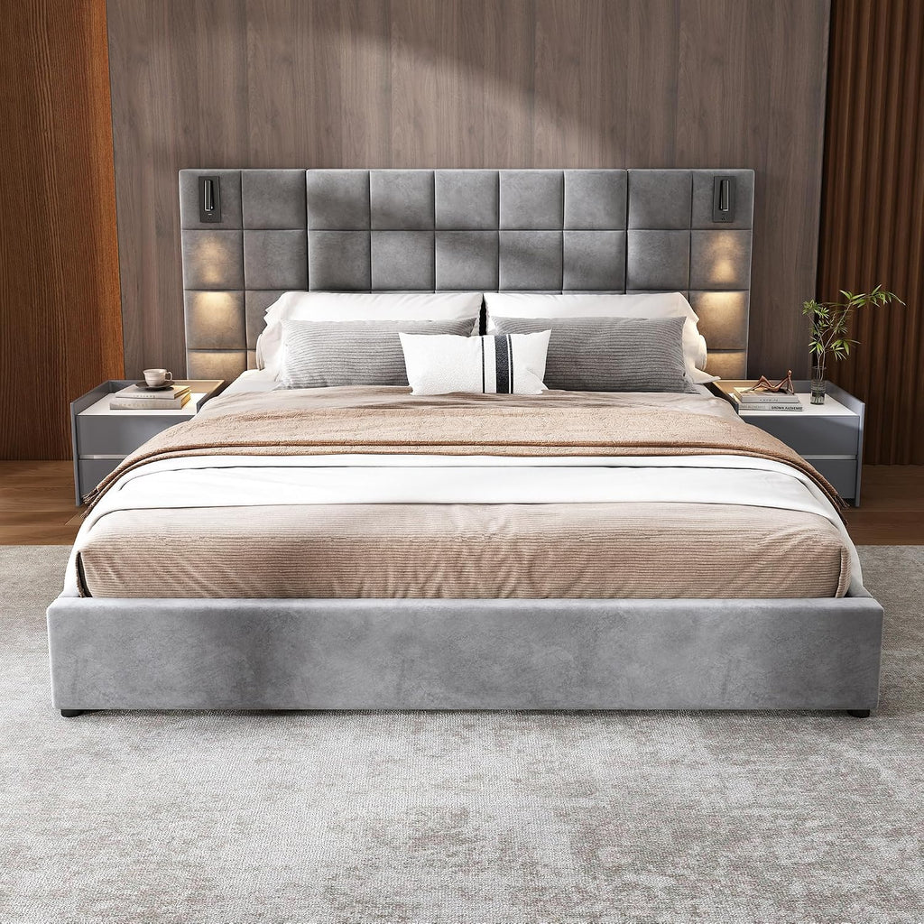 Merax Upholstered King Bed, with Reading Lamp and USB Port, Wide Velvet Headboard, (Without Bedside Tables and Mattress), Grey
