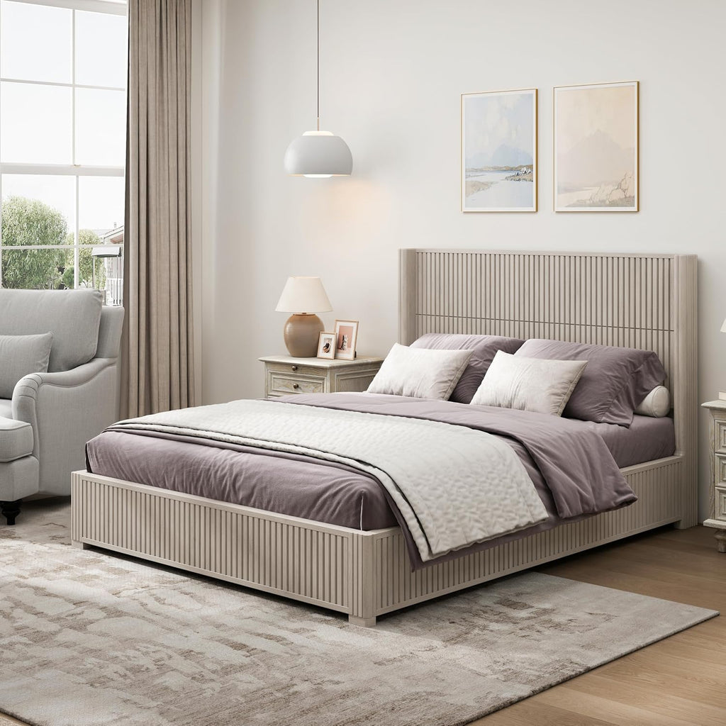 Ball & Cast Fluted Queen Bed Frame with Wingback Headboard,Solid Wood Platform Bed Frame Queen Size with Wood Slats, No Box Spring Needed, Easy Assembly,Beige