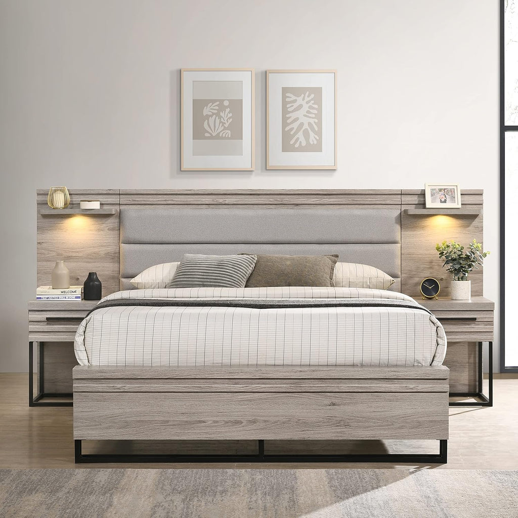 Roundhill Furniture Alvear Upholstered Wood Wallbed Bed with White LED Lights, 2 Nightstand, Queen, Weathered Gray