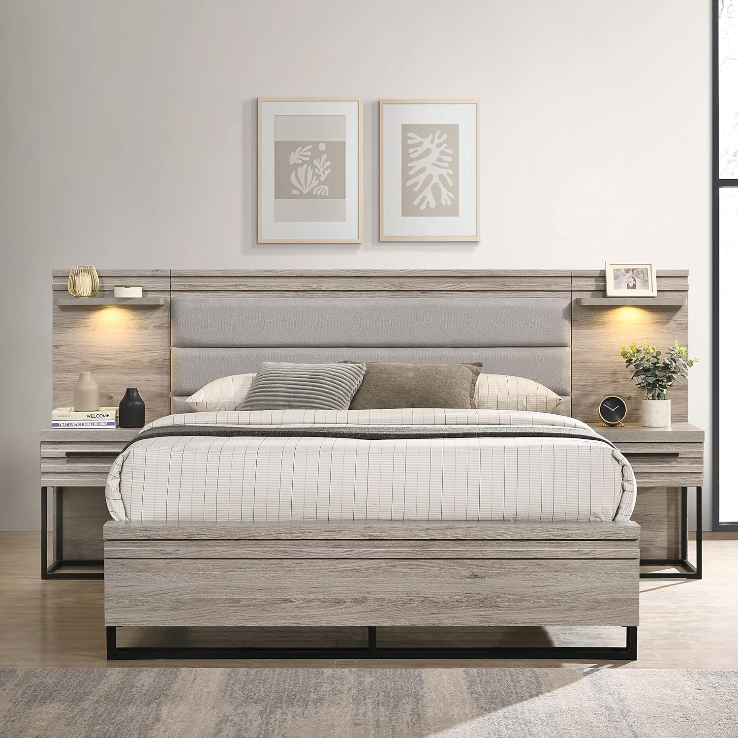 Roundhill Furniture Alvear Upholstered Wood Wallbed Bed with White LED Lights, 2 Nightstand, Queen, Weathered Gray