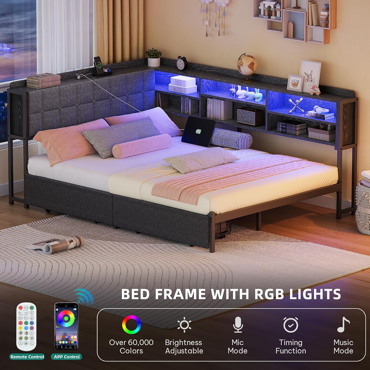 Full Corner Bed Frame with Storage Drawers and Bookcase & Flip-up Storage Headboard, Full Size Platform Corner Bed Frame with Charging Station and LED Lights, Full Daybed for Dorm or Guests, Grey