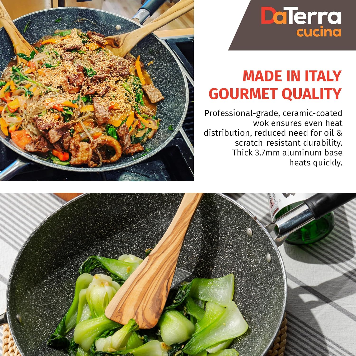 DaTerra Cucina - 13' Nonstick Ceramic Wok with Lid - Made in Italy - High Heat Resistant Nonstick Cookware - Oven & Induction Safe, PTFE, Cadmium, Lead & PFOA free - Volcanic Black Speckled