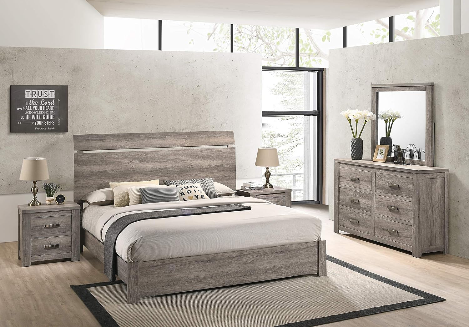 Roundhill Furniture Floren Contemporary Weathered Gray Wood Bedroom Set, Queen Panel Bed, Dresser, Mirror, Two Nightstands