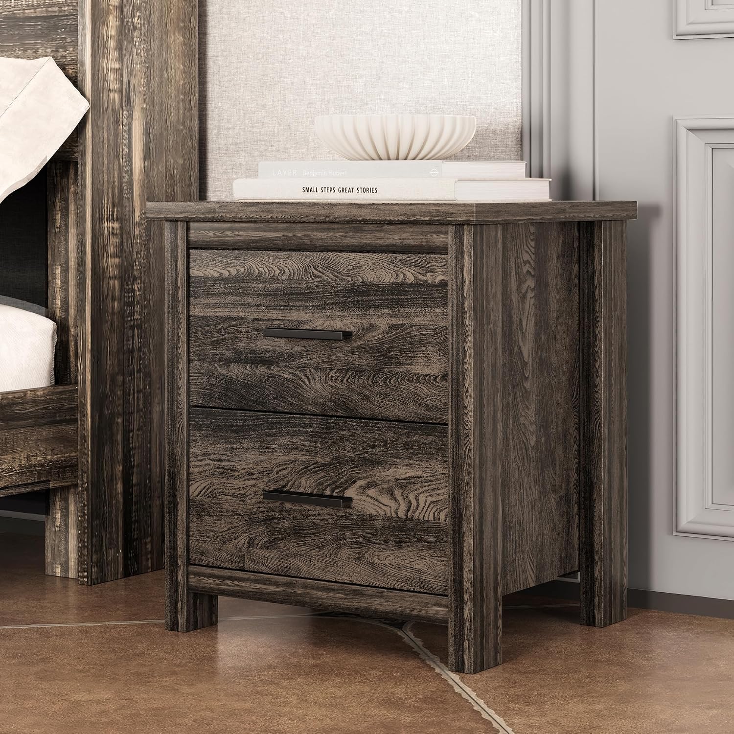 Farmhouse 4-Pieces Bedroom Sets, Queen Size Platform Bed with 2 Nightstands and 5-Drawer Storage, Wooden Bed Frame with Storage Headboard and Charging Station (Antique Gray-7.17)