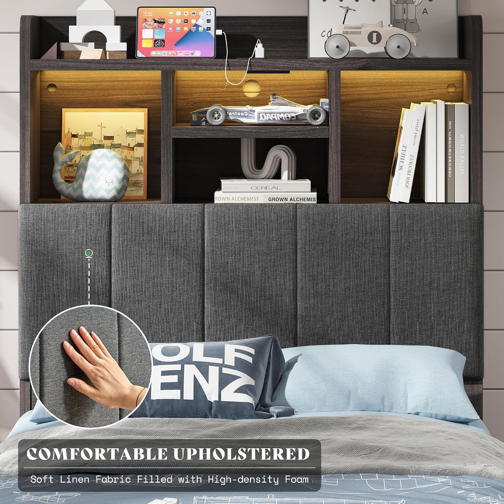 AMERLIFE Twin Bed Frame with 51.2' Tall Bookcase Headboard, Farmhouse Platform Bed with 4 Storage Drawers, Linen Upholstered, Charging Station & Storage, Rustic Black