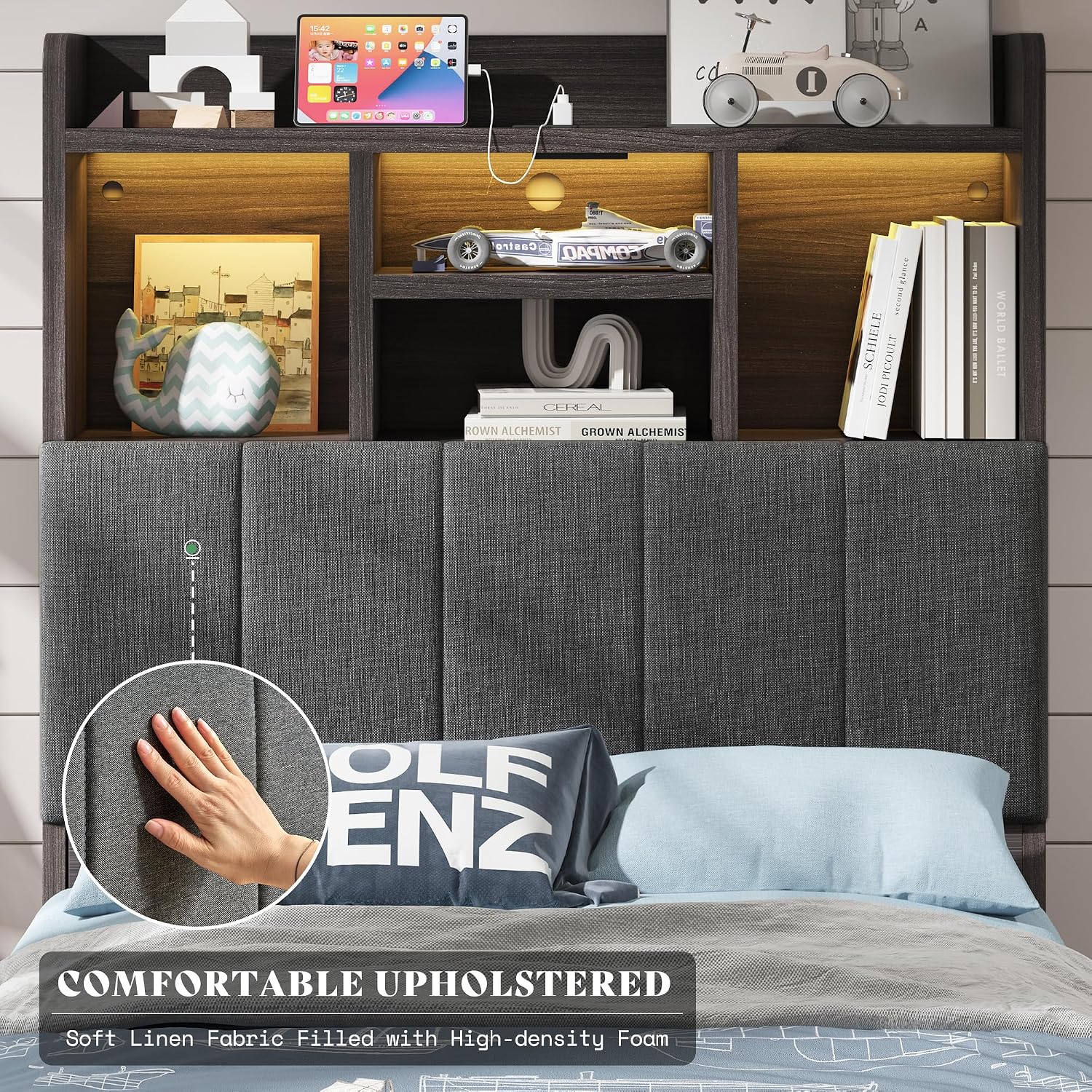 AMERLIFE Twin Bed Frame with 51.2' Tall Bookcase Headboard, Farmhouse Platform Bed with 4 Storage Drawers, Linen Upholstered, Charging Station & Storage, Rustic Black