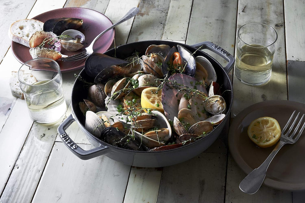 Staub Cast Iron Double-Handled Braiser/Skillet with Lid and Self Basting Spikes - 2.5-Qt., Blue