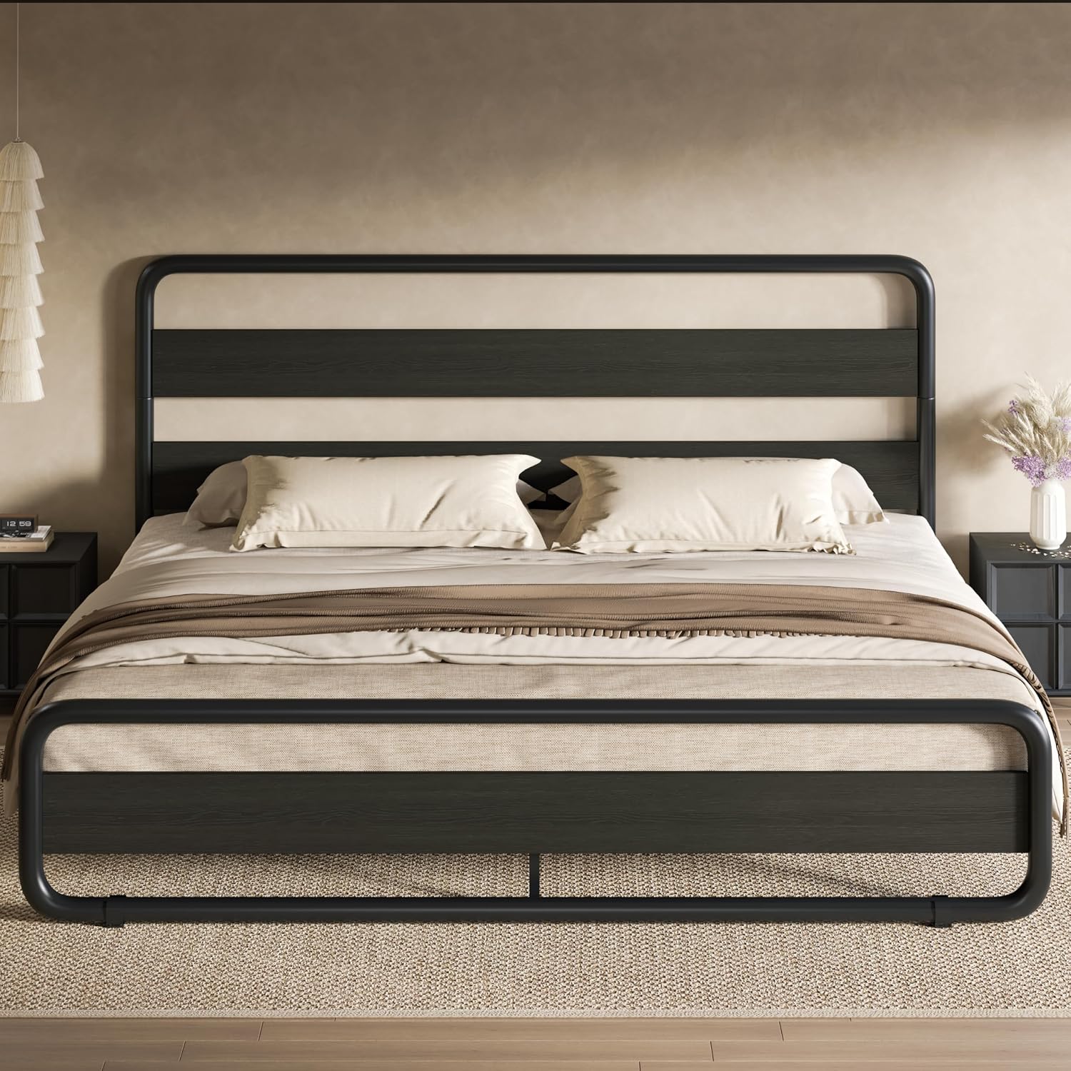 SHA CERLIN Queen Size Metal Bed Frame with Wooden Headboard and Footboard, Heavy Duty Oval-Shaped Platform Bed with Under-Bed Storage, Noise Free, No Box Spring Needed, Black