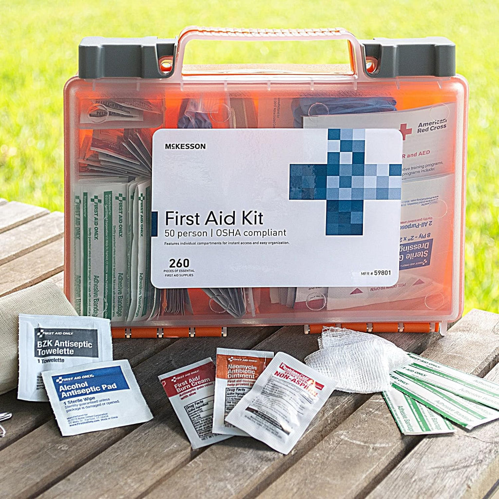 McKesson First Aid Kit, 260 Pieces, OSHA Compliant 50 Person Kit for Car, Home, Office, Camping, Travel, Case of 12