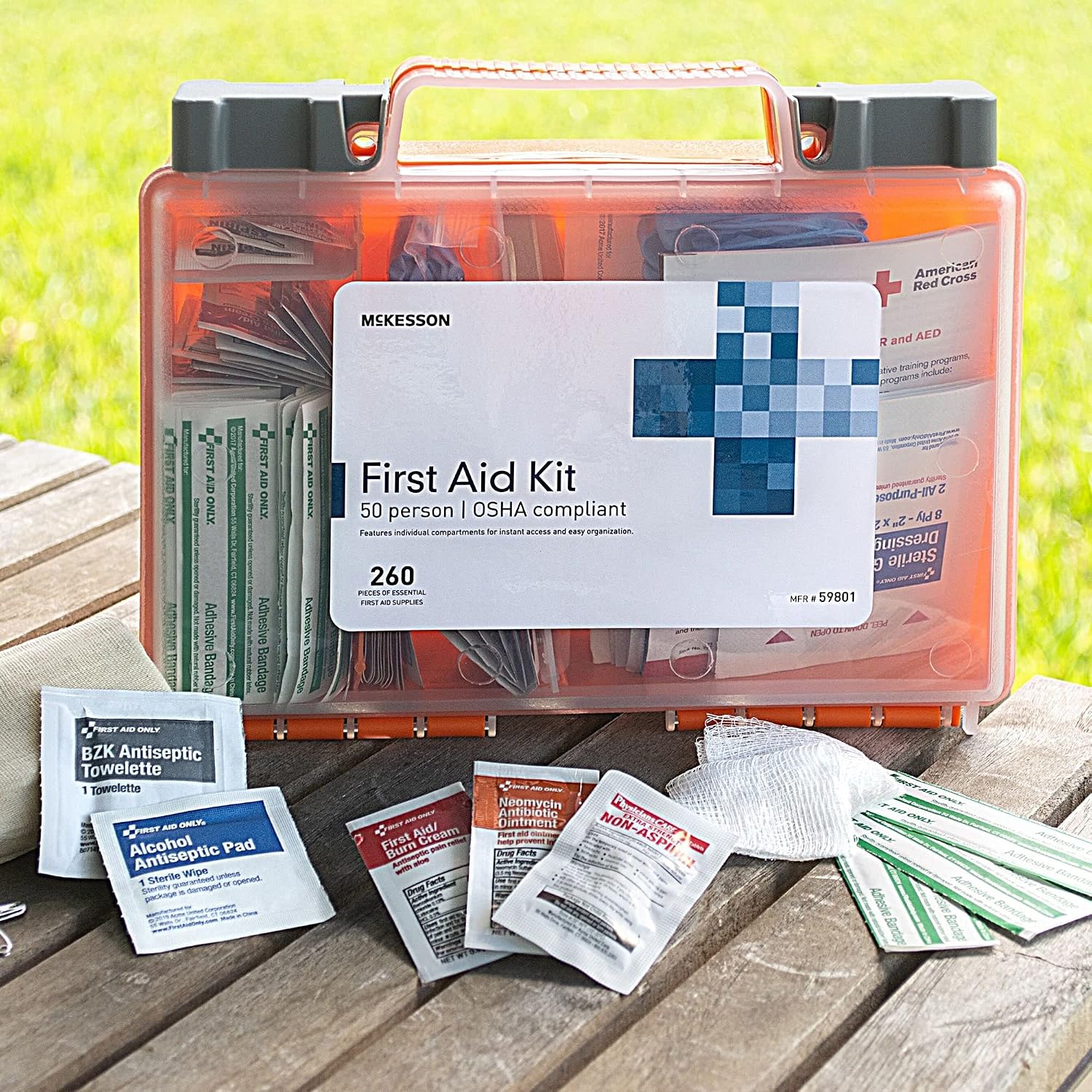 McKesson First Aid Kit, 260 Pieces, OSHA Compliant 50 Person Kit for Car, Home, Office, Camping, Travel, Case of 12