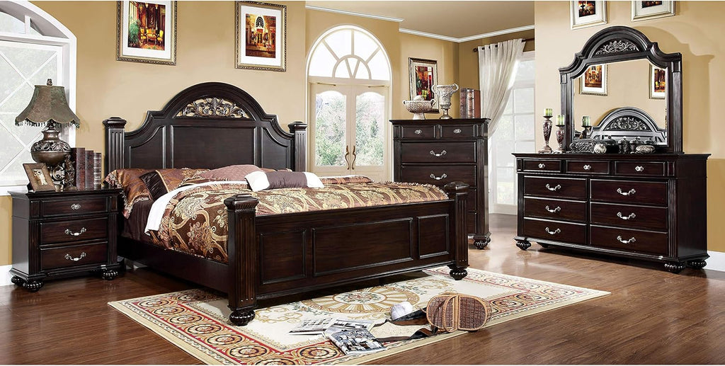 24/7 Shop at Home Syracuse 6-Piece Traditional Solid Wood Bedroom Set with Chest, Mirrored-Dresser and 2 Nightstands, Box Spring Required for Bedroom, Guest Room, Queen, Walnut