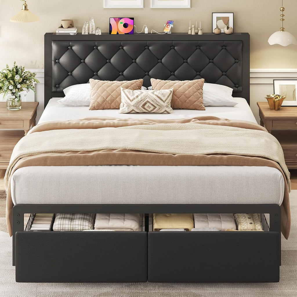 Fluest Queen Bed Frame with 2 Storage Drawers, Upholstered Headboard Button Tufted Bed Frame with Charging Station, No Box Spring Needed, Noise-Free, All Metal Structure, Black