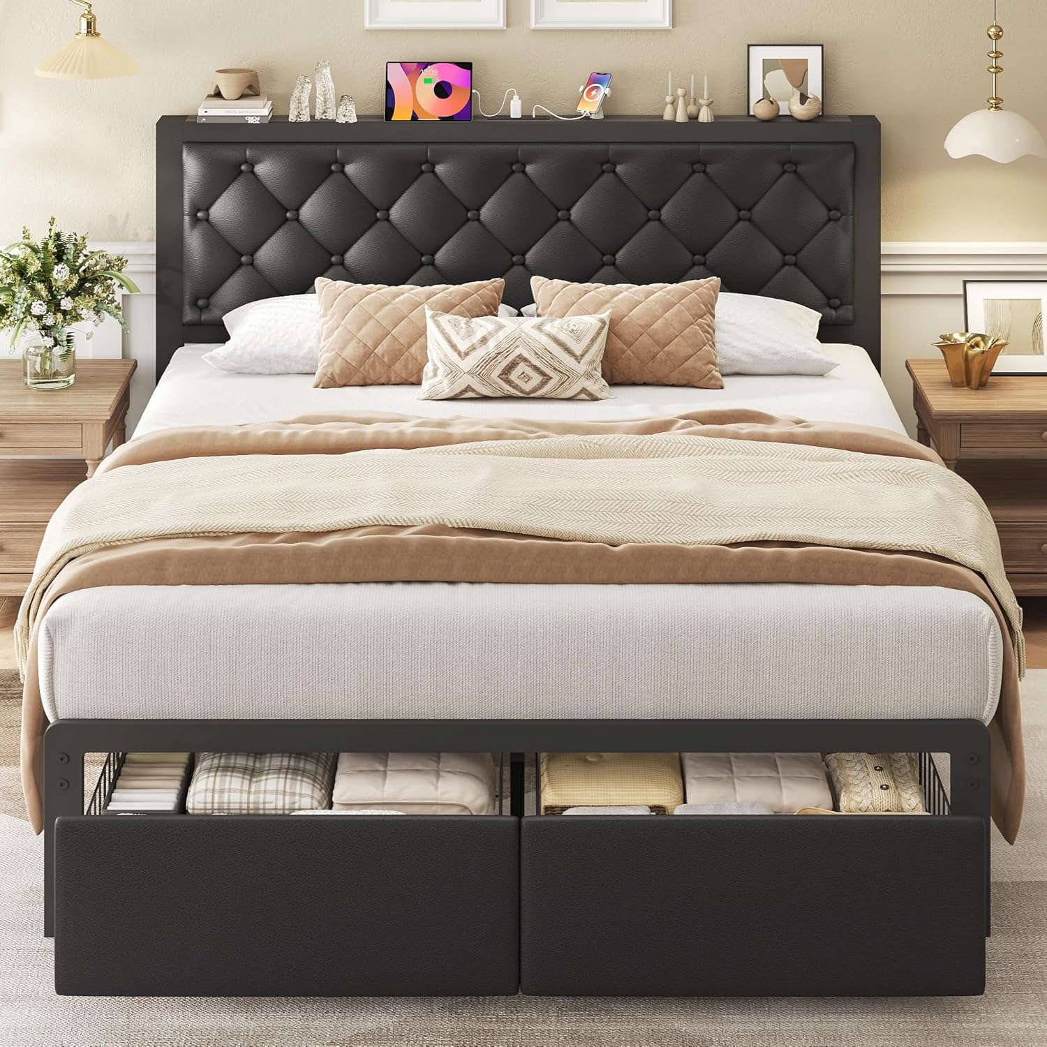 Fluest Queen Bed Frame with 2 Storage Drawers, Upholstered Headboard Button Tufted Bed Frame with Charging Station, No Box Spring Needed, Noise-Free, All Metal Structure, Black