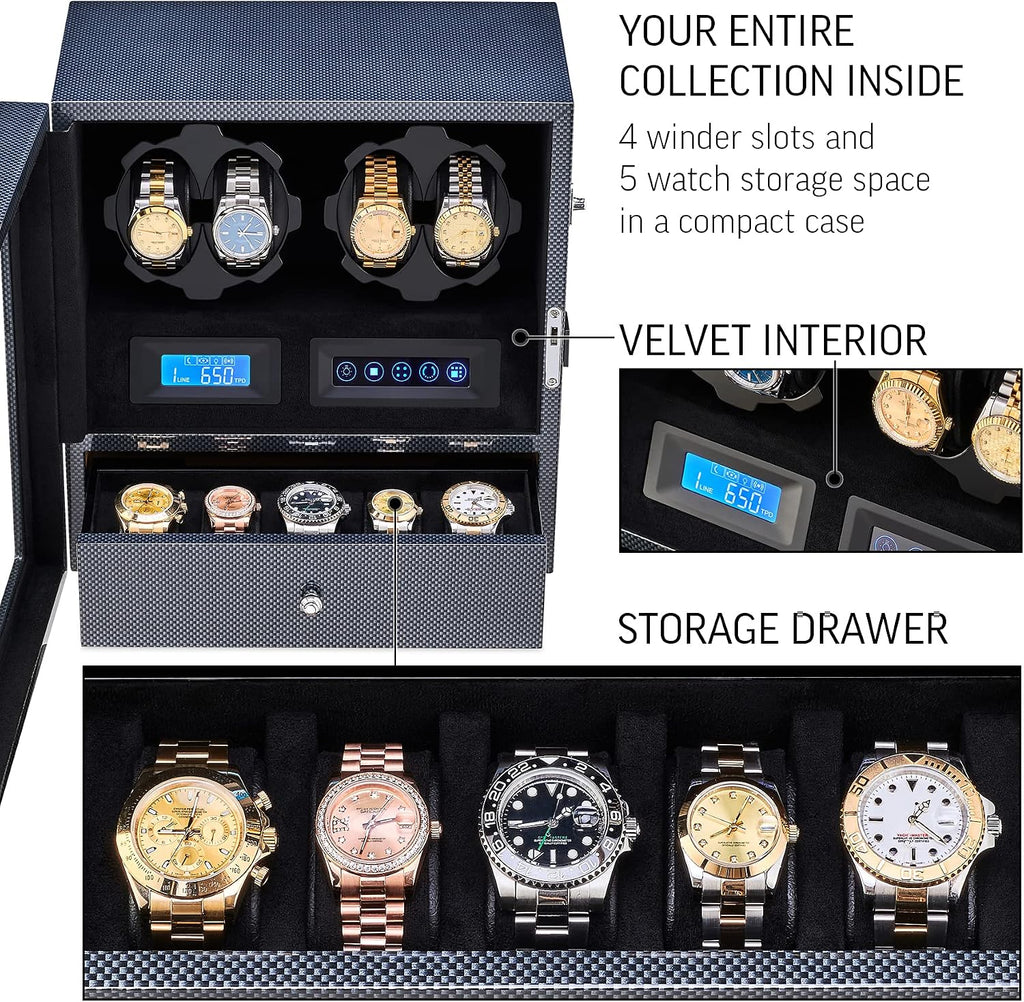 4 Watch Winder with 5 Watch Storage Space, LCD Display, Touch Control and Interior Light
