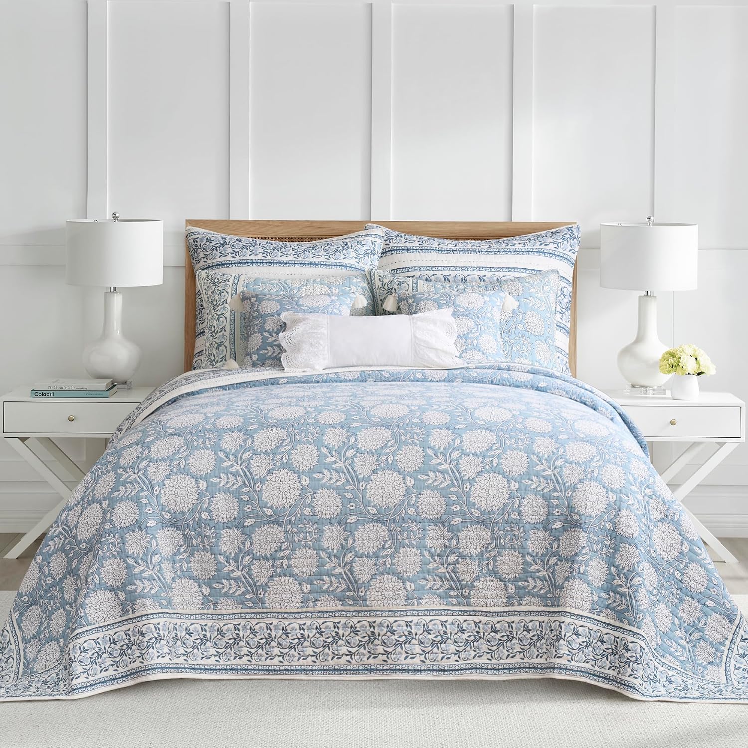 Levtex Home – Adare Blue Bedspread Set – Full Bedspread (96x106in.) and 2 Standard Shams (20x26in.) – Floral Botanical Design – Blue and White – Reversible – Cotton