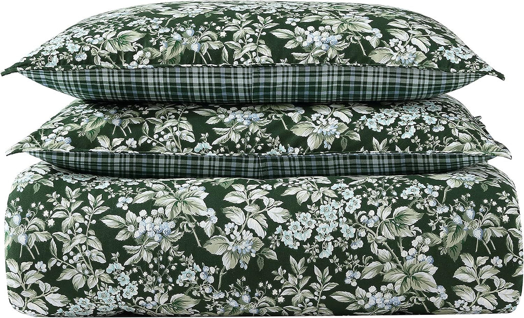 Laura Ashley - King Comforter Set, Soft & Reversible Cotton Bedding, Medium Weight 7 Piece Bed Set with Matching Pillowcases, Euro Shams & Bonus Throw Pillow Covers (Bramble Floral Green)