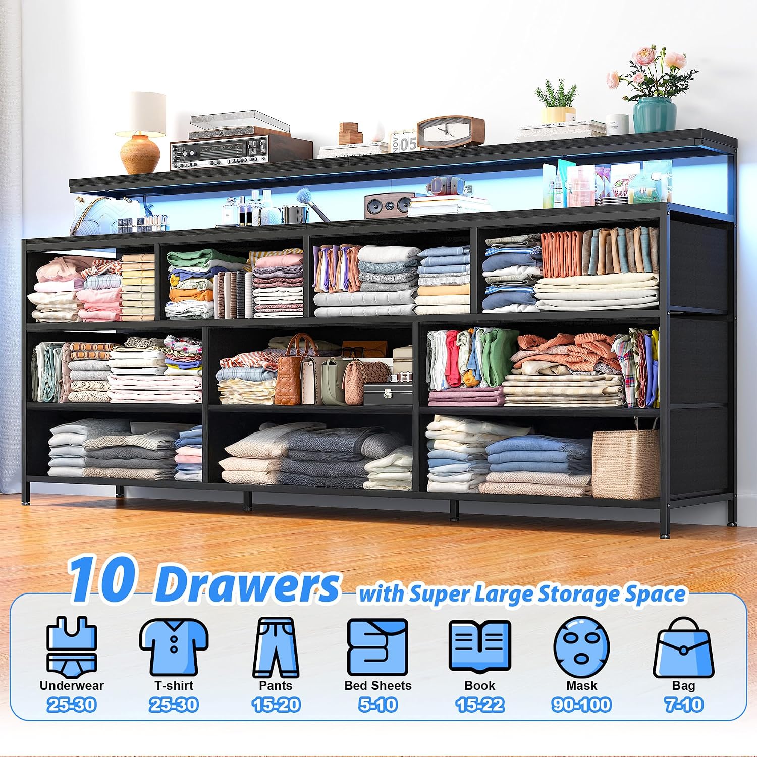 EnHomee 55' W Dresser for Bedroom with 10 Fabric Drawers Long Dresser with LED Lights & Power Outlets Dressers & Chests of Drawers Large Organizer for Bedroom, Metal Frame, Wood Top, Charcoal Black