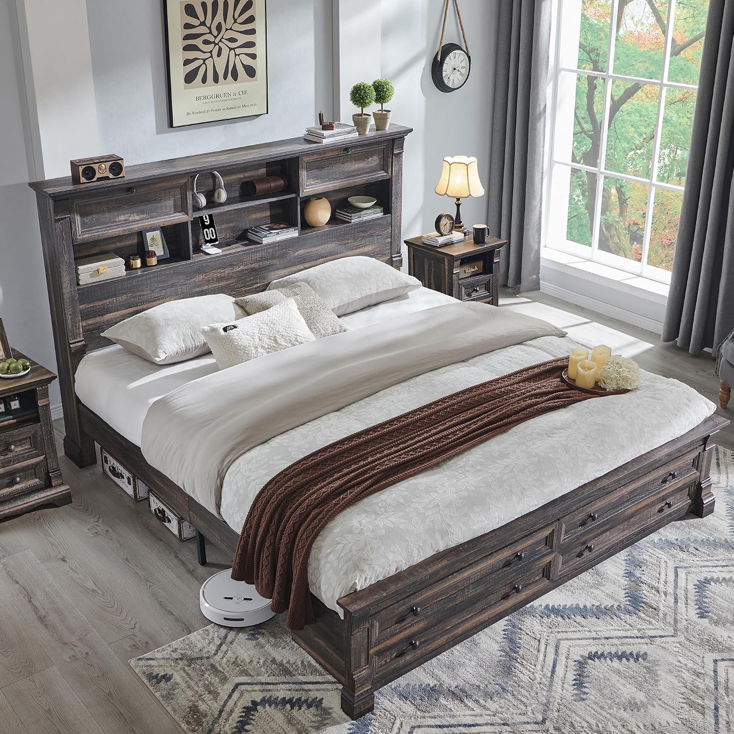 Farmhouse Queen Size Bed Frame with 54' Tall Headboard, Headboard with 4 Storage Rack, 2 Drawers, 18' Roman Column Decoration Footboard, Wood Platform Bed Frame, No Box Spring Needed(Dark Rustic Oak)