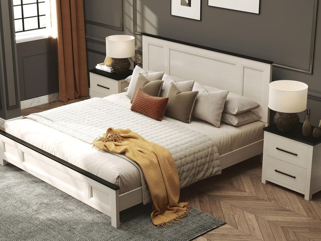 Roundhill Furniture Realynn 5-Piece Wood Bedroom Set, King Size Panel Bed with Dresser, Mirror, and 2 Nightstands, Off-White Finish
