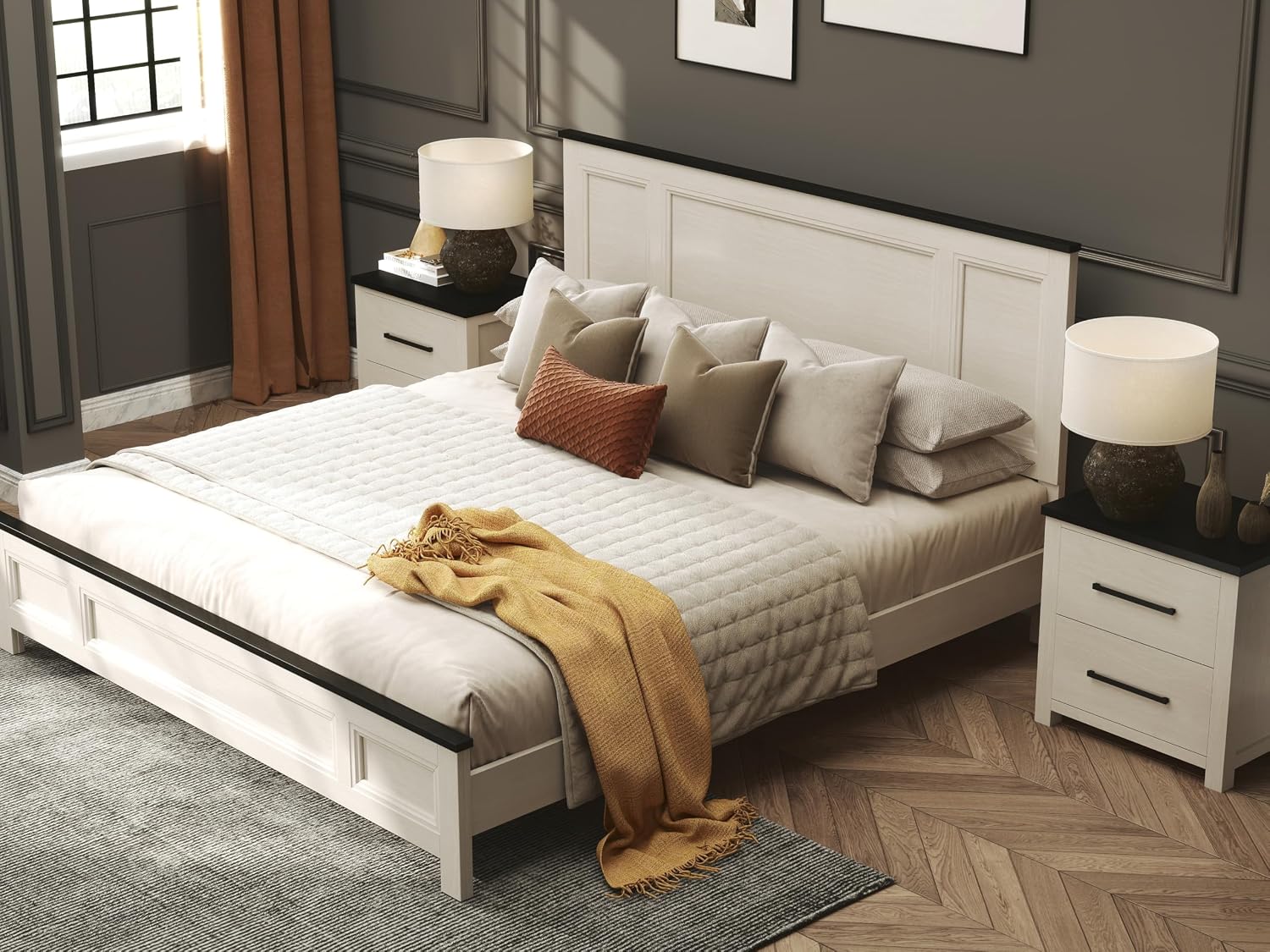 Roundhill Furniture Realynn 5-Piece Wood Bedroom Set, King Size Panel Bed with Dresser, Mirror, and 2 Nightstands, Off-White Finish