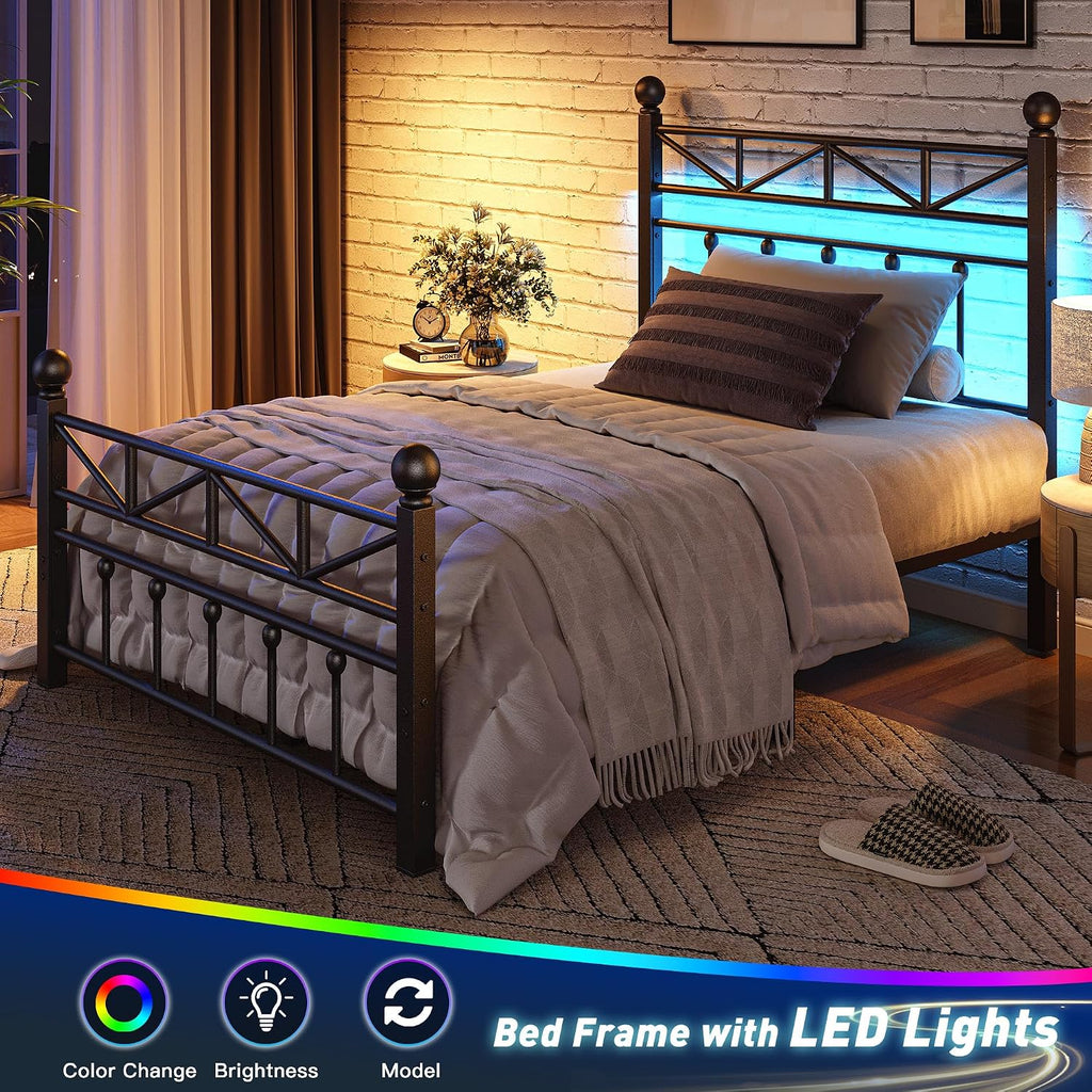 EnHomee 14.2' Metal Twin Bed Frames with Tall Headboard & Footboard, LED Light Twin Bed Frame, Strong Metal Slats Support and Noise-Free Design with Under Bed Storage/No Box Spring Needed/Black