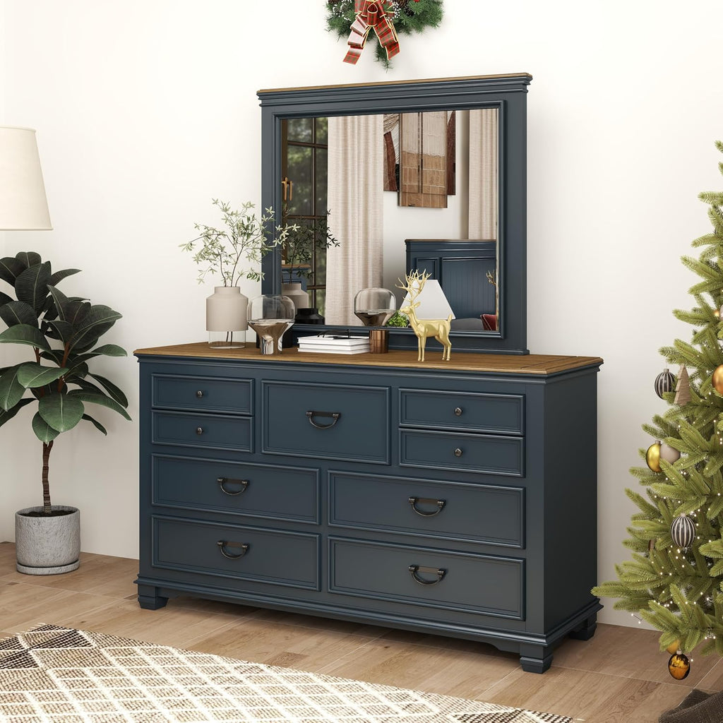 Roundhill Furniture Riverton Wood Bedroom Set with Shiplap Panel King Bed, Dresser, Mirror, Two Nightstands, and Chest in Slate Blue