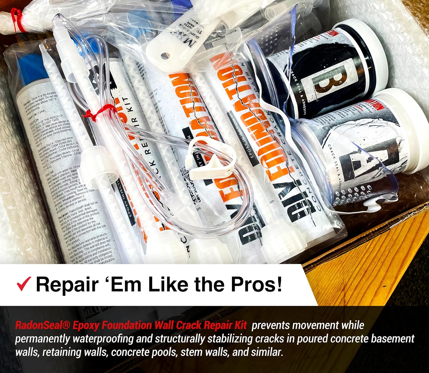 RadonSeal Epoxy Concrete Crack Repair Kit (20 ft) – Low-Viscosity Epoxy Injection for Basement & Foundation Walls – Structural Crack Repair System
