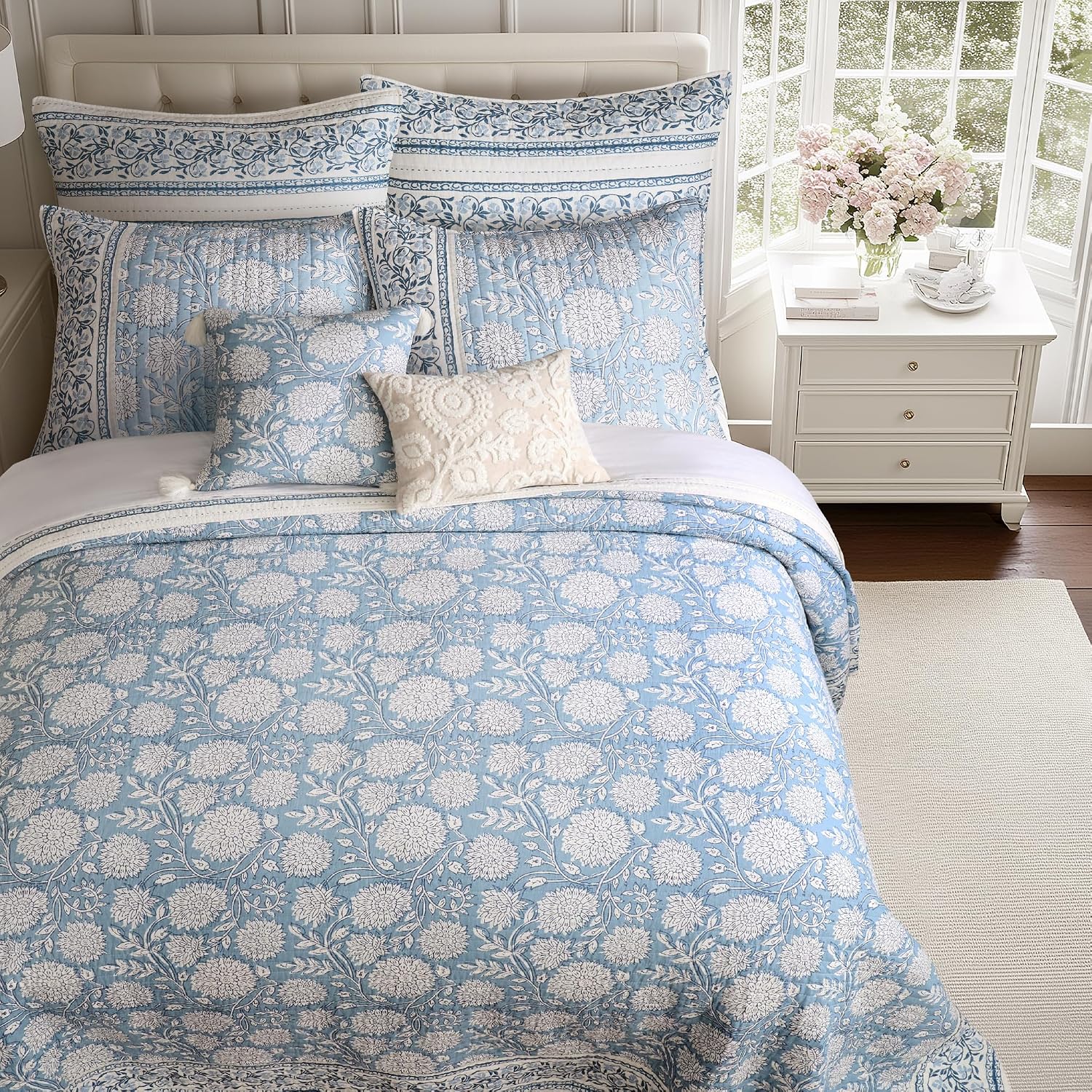 Levtex Home – Adare Blue Bedspread Set – Twin Bedspread (80x106in.) and 1 Standard Sham (20x26in.) – Floral Botanical Design – Blue and White – Reversible – Cotton
