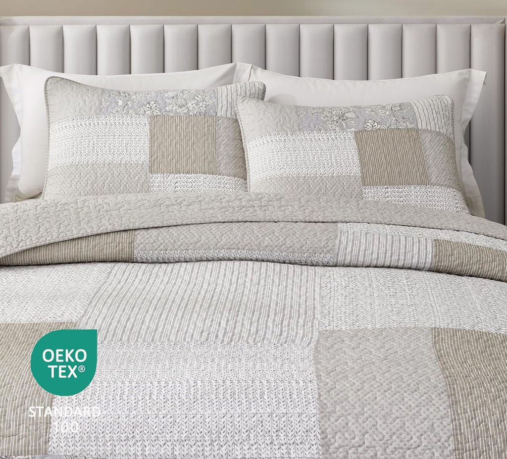 Chezmoi Collection Quinn 3-Piece Neutral Taupe Gray White Floral Hibiscus Flower Candy Stripe Patchwork Quilt Set - Pre-Washed Cotton Coverlet - Lightweight Reversible Bedspread, Super King Size