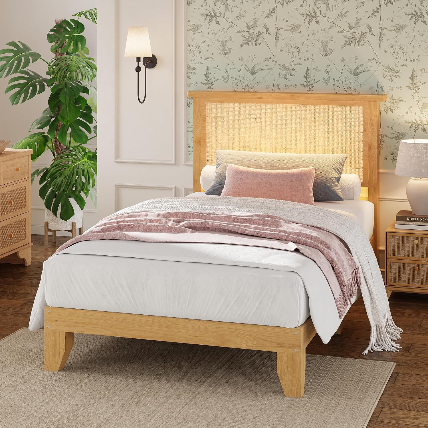 coucheta Rattan Bed Frame Twin with Natural Rattan Headboard,Twin Bed Frame with LED Lights, Bed with Headboard,Solid Wood Bed Legs with Silent Slats,No Box Spring Needed