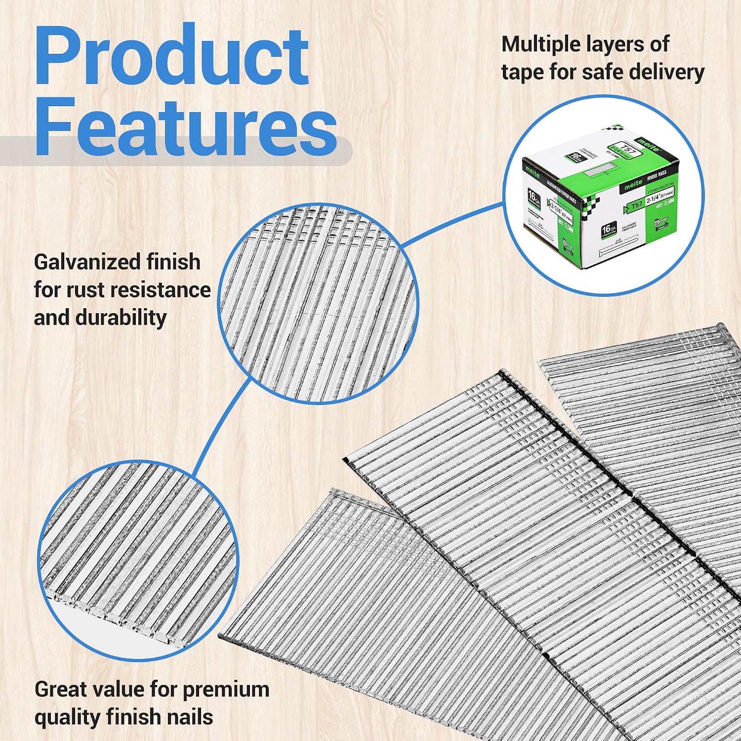 meite 16 Gauge Finish Nails 2-1/4 Inch Galvanized Straight Finishing Nails for Finish Nailer Gun Window Casing Baseboard Crown Molding, 1 Case/25,000PCS