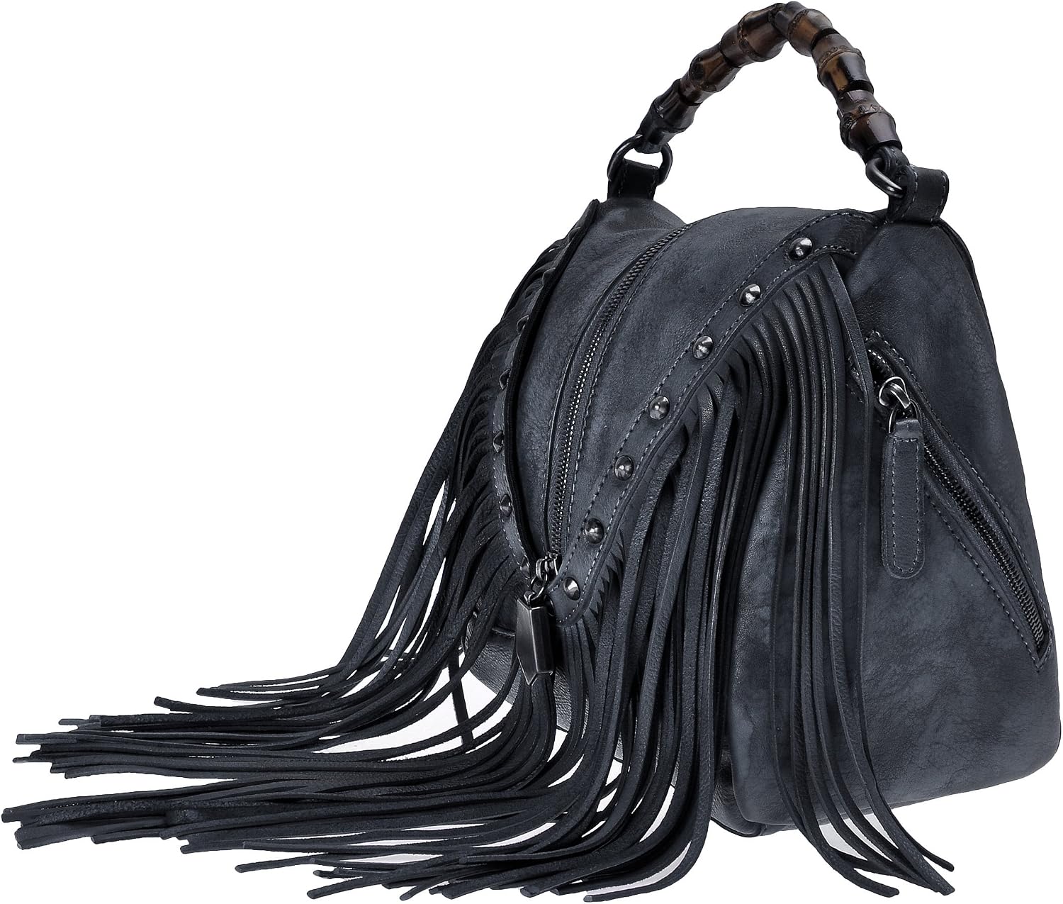 ZLYC Women's Leather Bamboo Hand Strap Featured Fringe Bohemian Tassel Studed Cross Body Bag