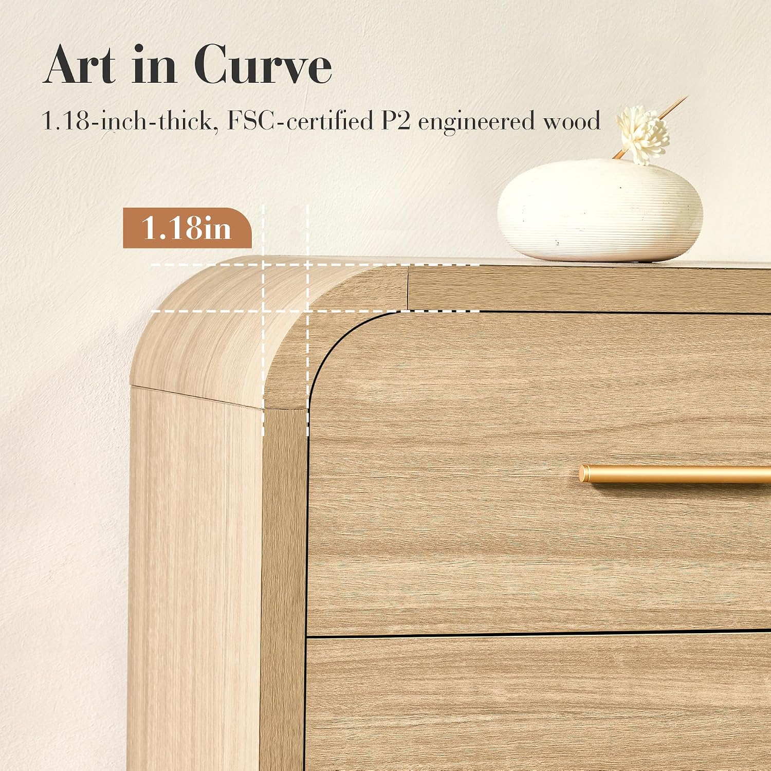 Curved 7-Drawer Dresser for Bedroom, 53.82' Wide Modern Chest of Drawers, Vanity Desk TV Stand for Living Room, Closet Storage Drawers Organizer Furniture, Nursery, Hallway, Oak