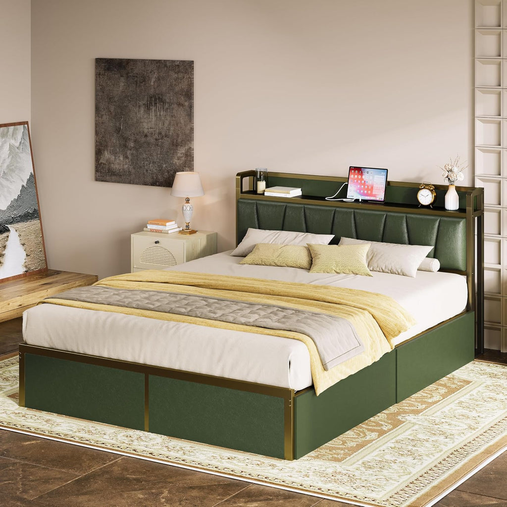 LIKIMIO Queen Bed Frame with 4 Storage Drawers, Platform Bed with Charged Headboard, Sturdy and Stable, No Noise, No Box Spring Needed, Easy to Install, Dark Green