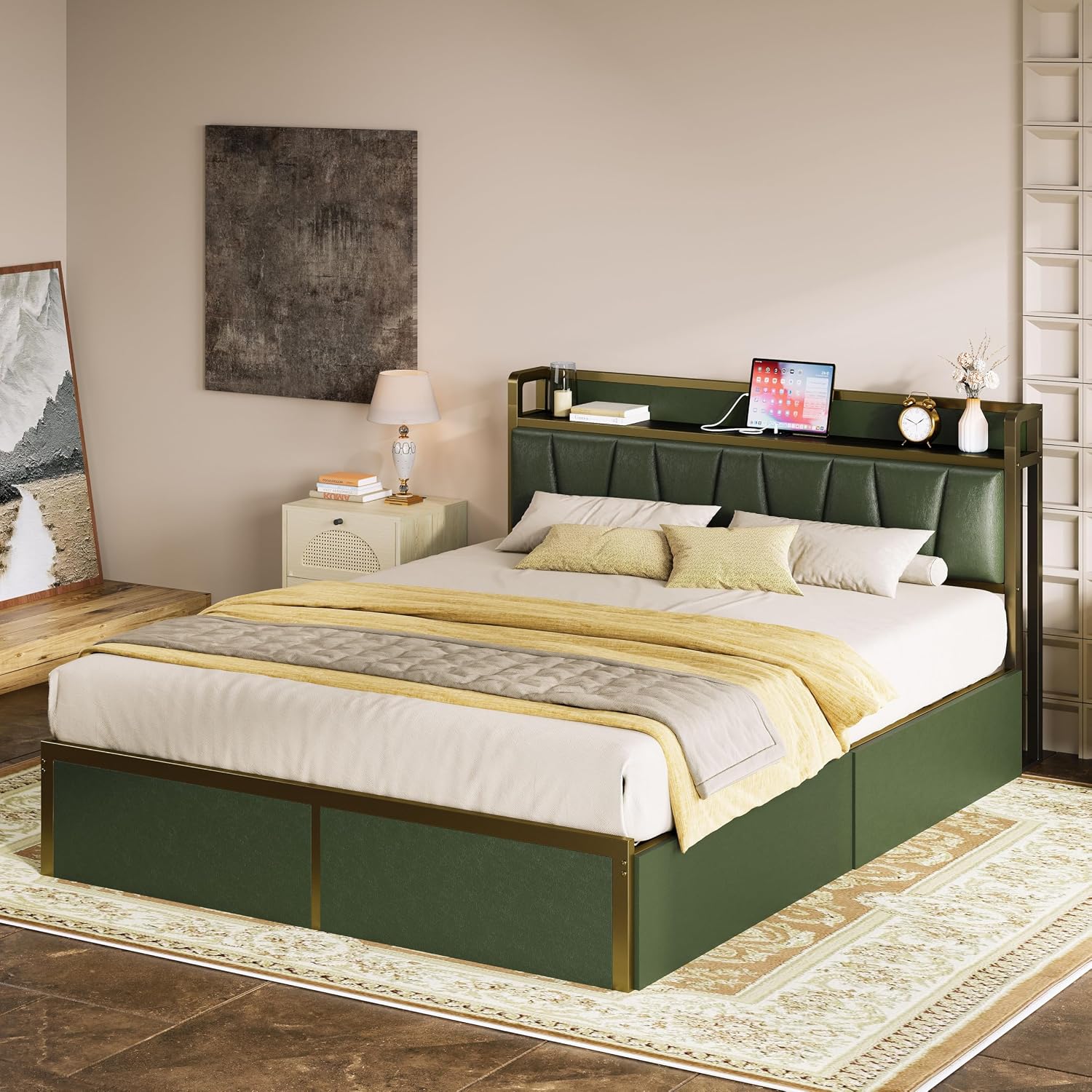 LIKIMIO Queen Bed Frame with 4 Storage Drawers, Platform Bed with Charged Headboard, Sturdy and Stable, No Noise, No Box Spring Needed, Easy to Install, Dark Green