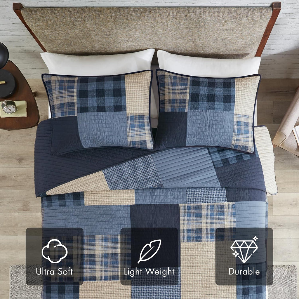 Woolrich Winter Hills Reversible Quilt Set - Cottage Styling Reversed to Solid Color, All Season Lightweight Coverlet, Cozy Bedding Layer, Matching Shams, Oversized Full/Queen, Plaid Blue 3 Piece
