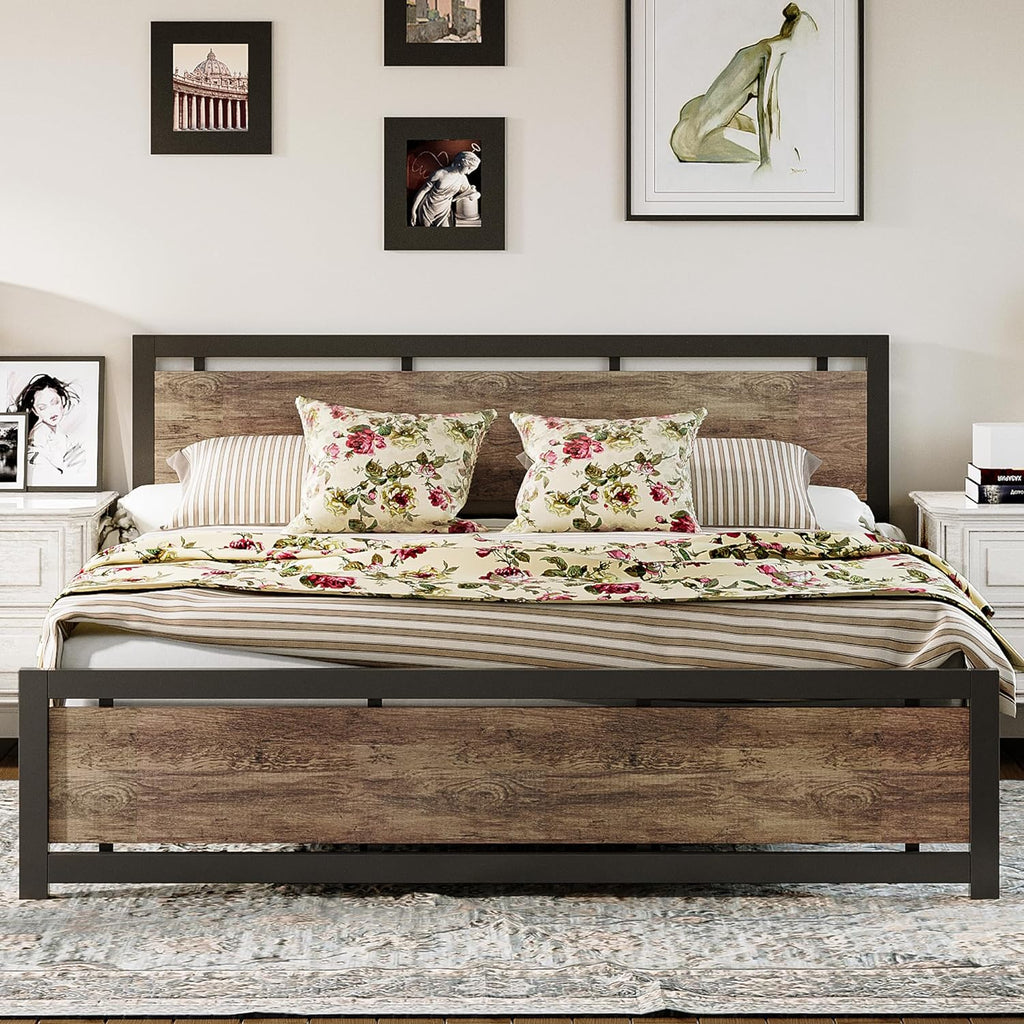 LIKIMIO King Bed Frame with Headboard and Footboard, Metal Strong Supports, Easy Assembly, Noise-Free, No Box Spring Needed, Walnut