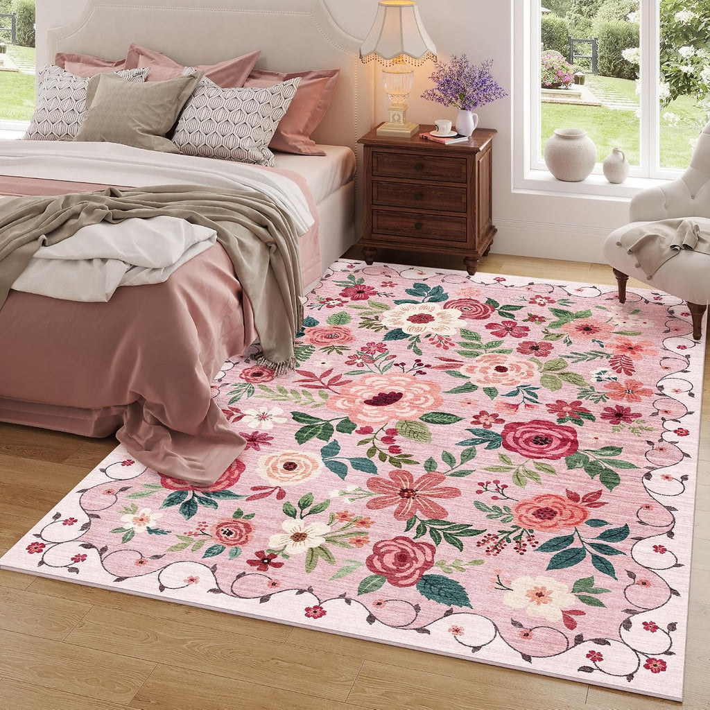 DUKINO 9x12 Area Rug, Floral Rugs for Living Room, Lightweight Non Slip Washable Rug, Indoor Low Pile & Non-Shedding Boho Design Rugs for Bedroom, Living Room, Dining Room, Pink