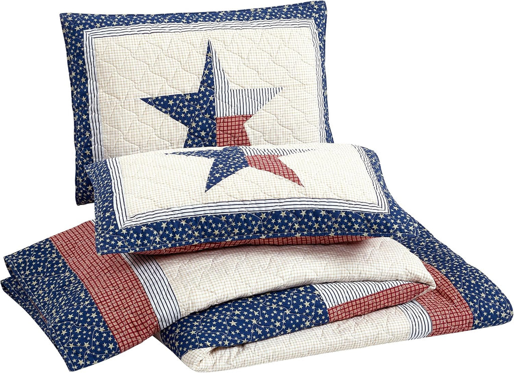 Lone Star 3-Piece 100% Cotton Quilt and Pillow Sham Set, Americana Vintage-Inspired Coverlet Quilt Set - King Size, Red/Blue/Cream